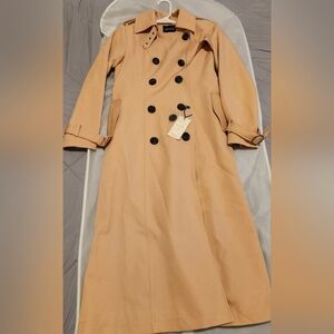 Classic Camel Trench Coat with Black Buttons
